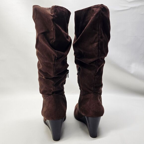 Brown Suede Wedge Boots Size 8 – Slouchy Knee High Side Zip Fall Fashion - Picture 6 of 8